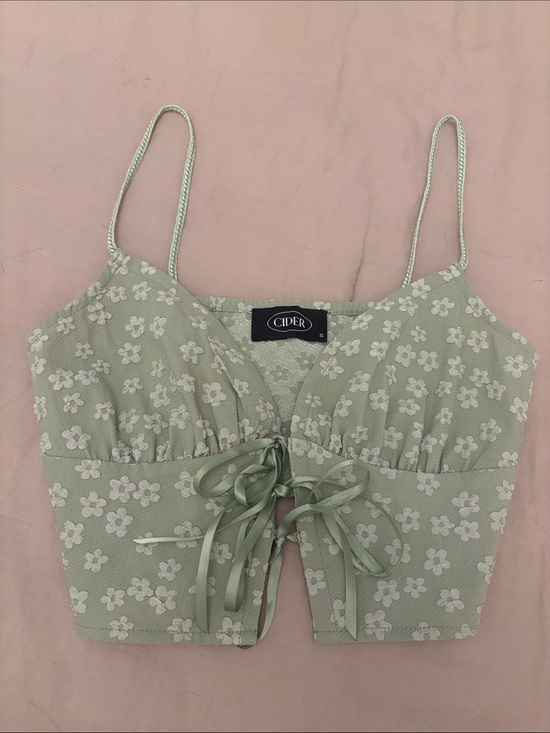 Cider Tops - Cider Light Sage Floral Lace-Up Camisole Crop Top